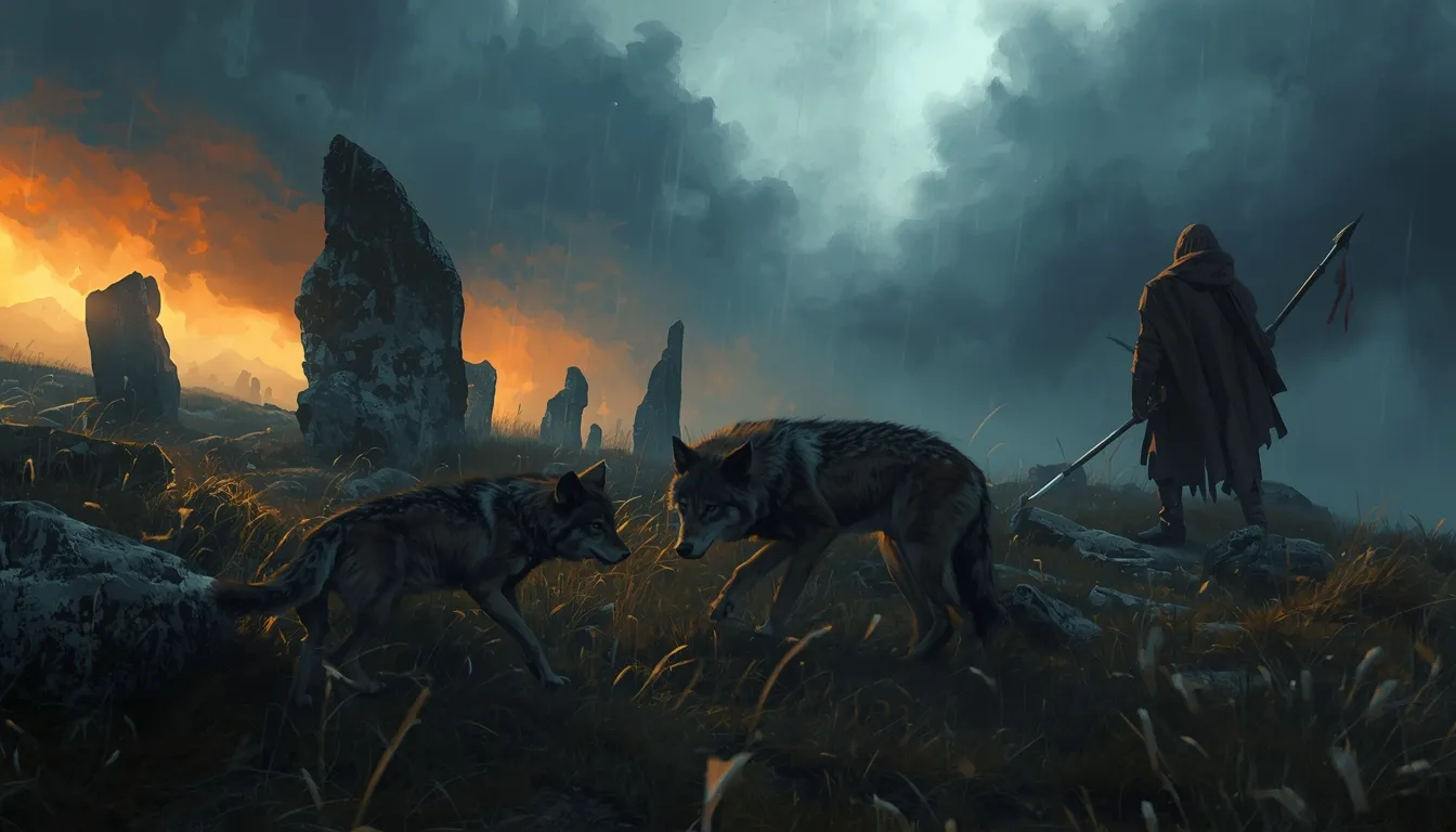 Two young wolves face off in the grass among ancient standing stones while a cloaked hunter with a spear watches under a storm sky.