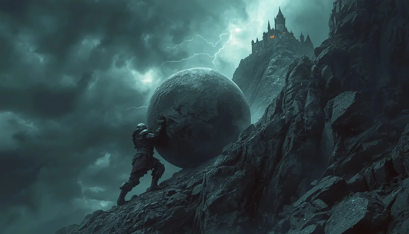 An armoured warrior strains to push a huge boulder up a rocky slope towards a castle, under a storm sky split by lightning.