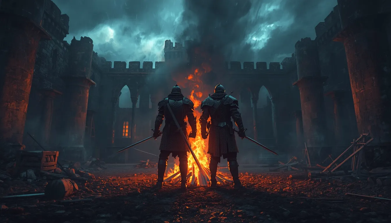 Two armoured warriors stand shoulder to shoulder, swords drawn, before a bonfire in a ruined castle courtyard under a storm sky.
